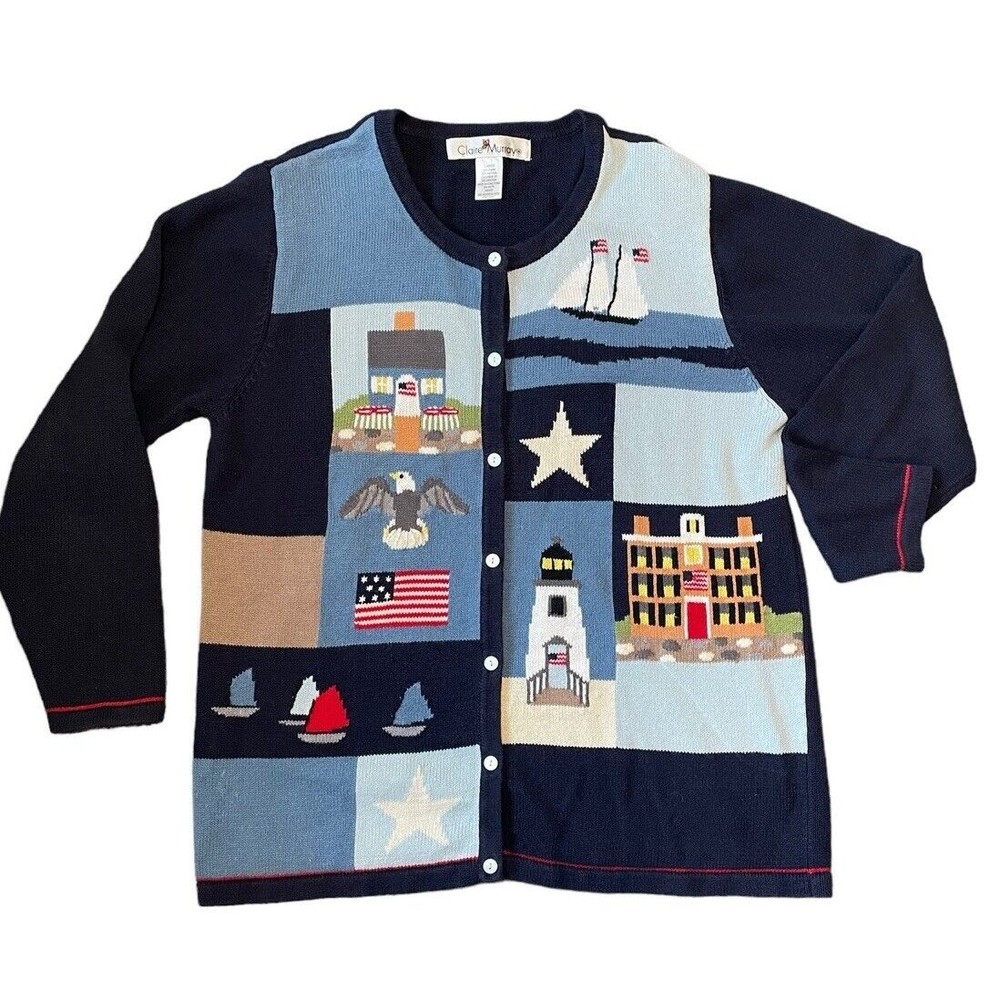 Claire Murray‎ Women's Patriotic Lighthouses Sailboat Cardigan Size L
